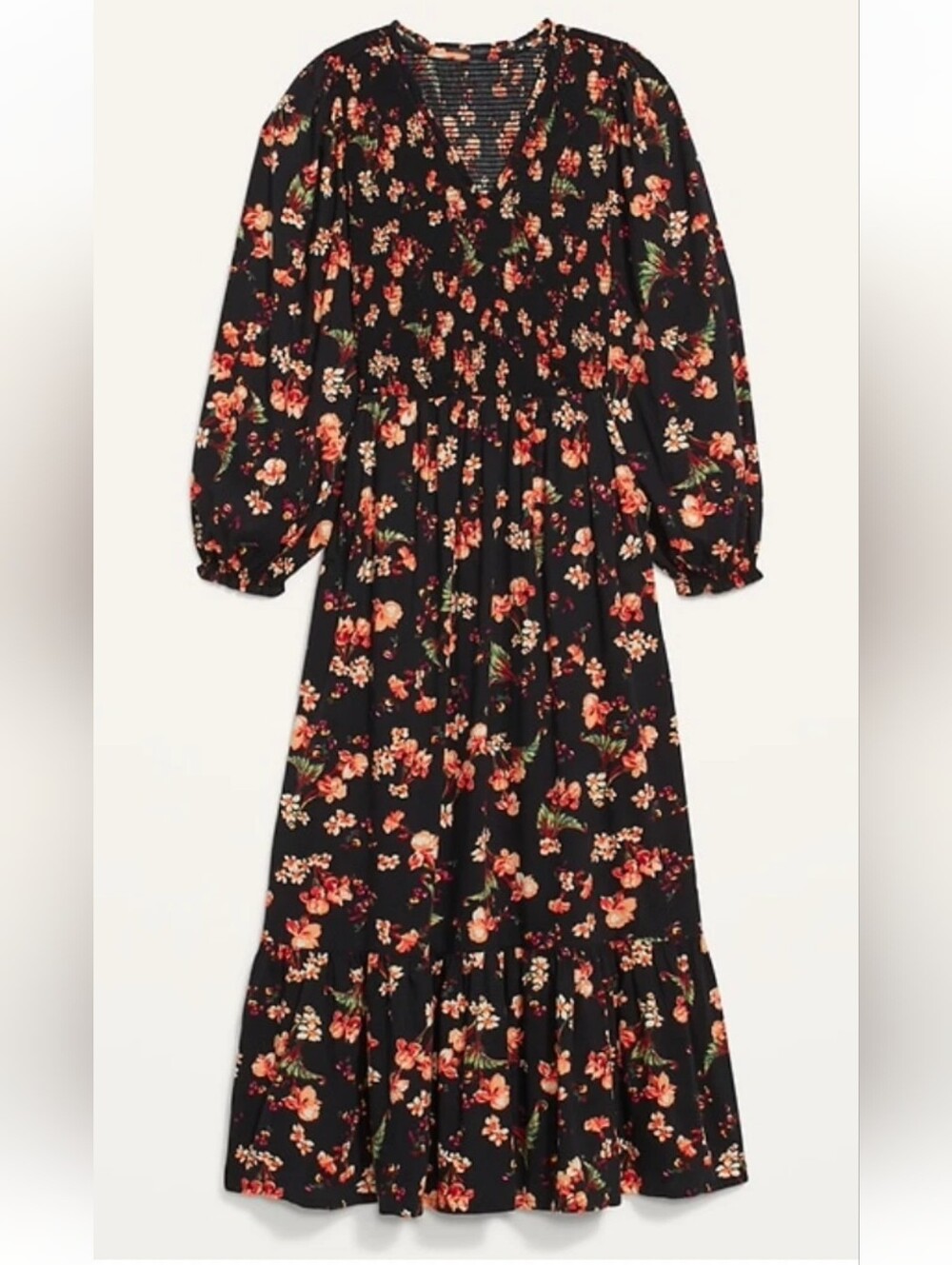Old Navy Black Coral Floral Smocked Tiered Fit Flare Midi Dress XL TALL